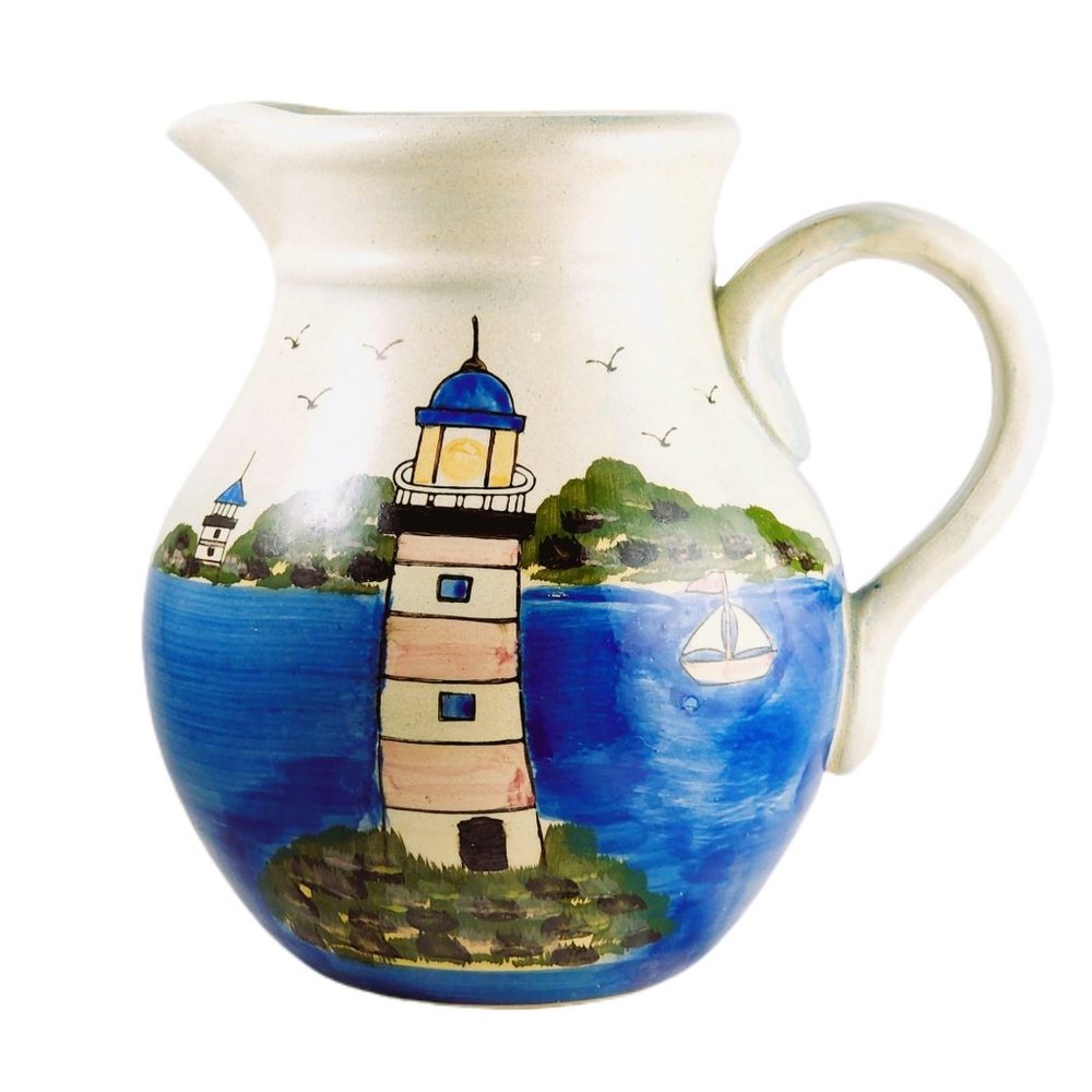 Nautical Themed Large Pitcher Coastal Beach House Lighthouse WCL Pottery Ceramic